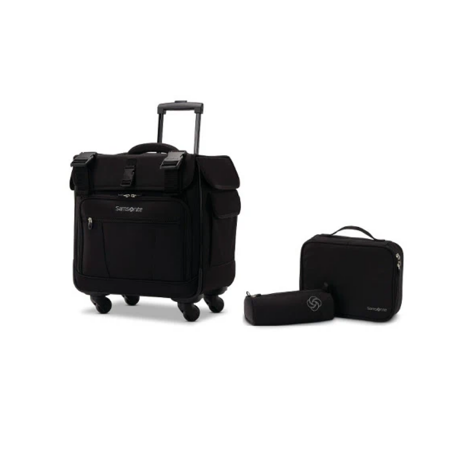 bulto samsonite negro, lonchera y cartuchera