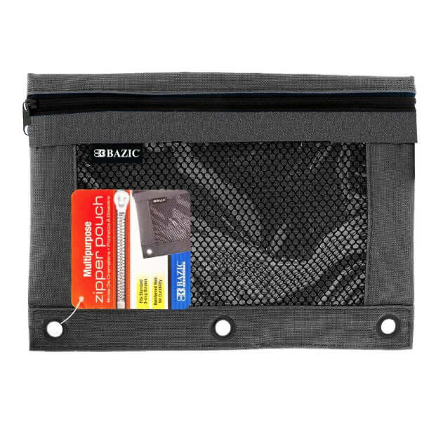 Pencil Pouch 3-Ring Black Color w/ Mesh Window