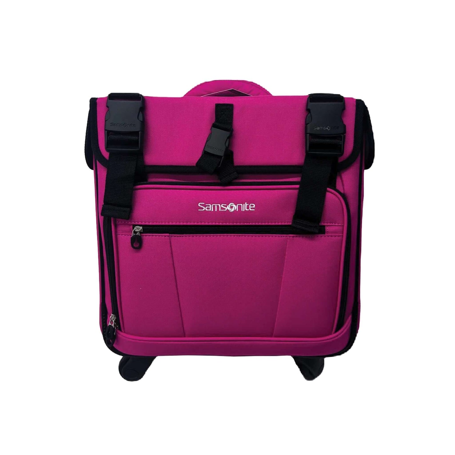 bulto de carrito rosa samsonite con cartuchera y lonchera