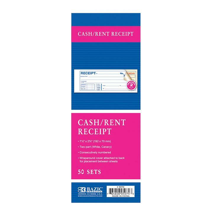 Cash/Rent Receipt book / 2-Part Carbonless, 50 Sets, 7 1/2" x 2 3/4"