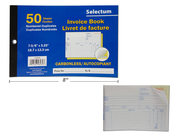 Invoice Book, 2-Part, Carbonless, 5.25x8", 50 ST/BK