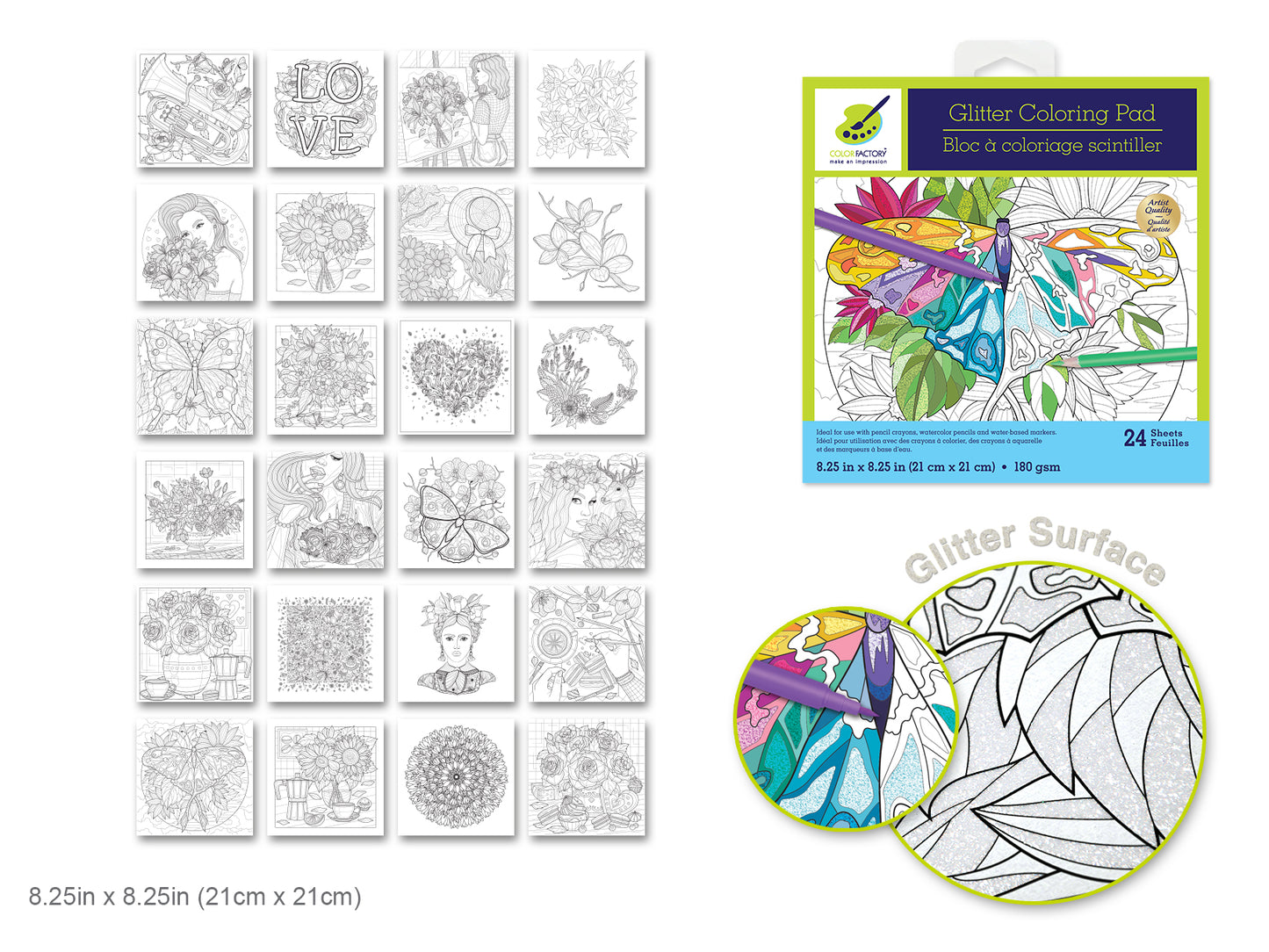 Glitter Coloring Pad 8.25" X 8.25" 180Gsm 24Sht
