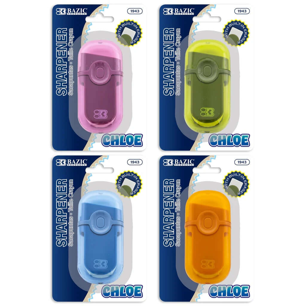Chloe Sharpener in assorted colors including pink, green, blue, and orange, showcasing lead-saving design and built-in eraser.