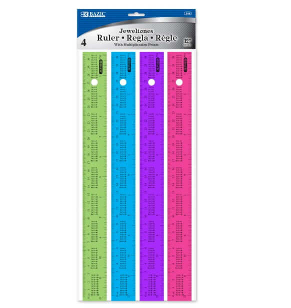 Ruler 12" Plastic w/Multiplication Prints [pk-4]