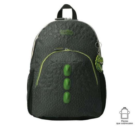 Mochila escolar Totto, color negro y verde, diseño de Dinosaurio, con textura simulando piel de dinosaurio