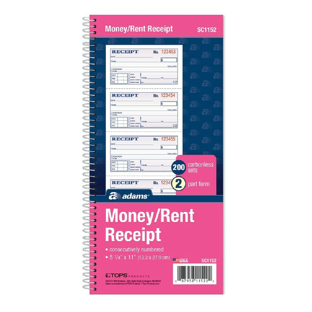 Money/Rent Receipt Book, Spiral, 2-Part, 11x5-1/4, 200 ST/BK