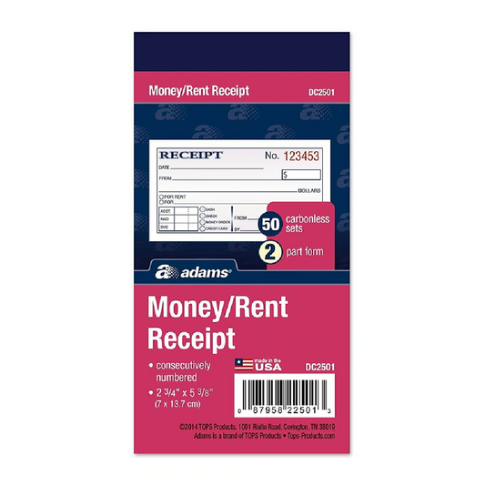 Money and Rent Receipt, 2-Parts, Carbonless, White/Canary, 50 Sets per Book