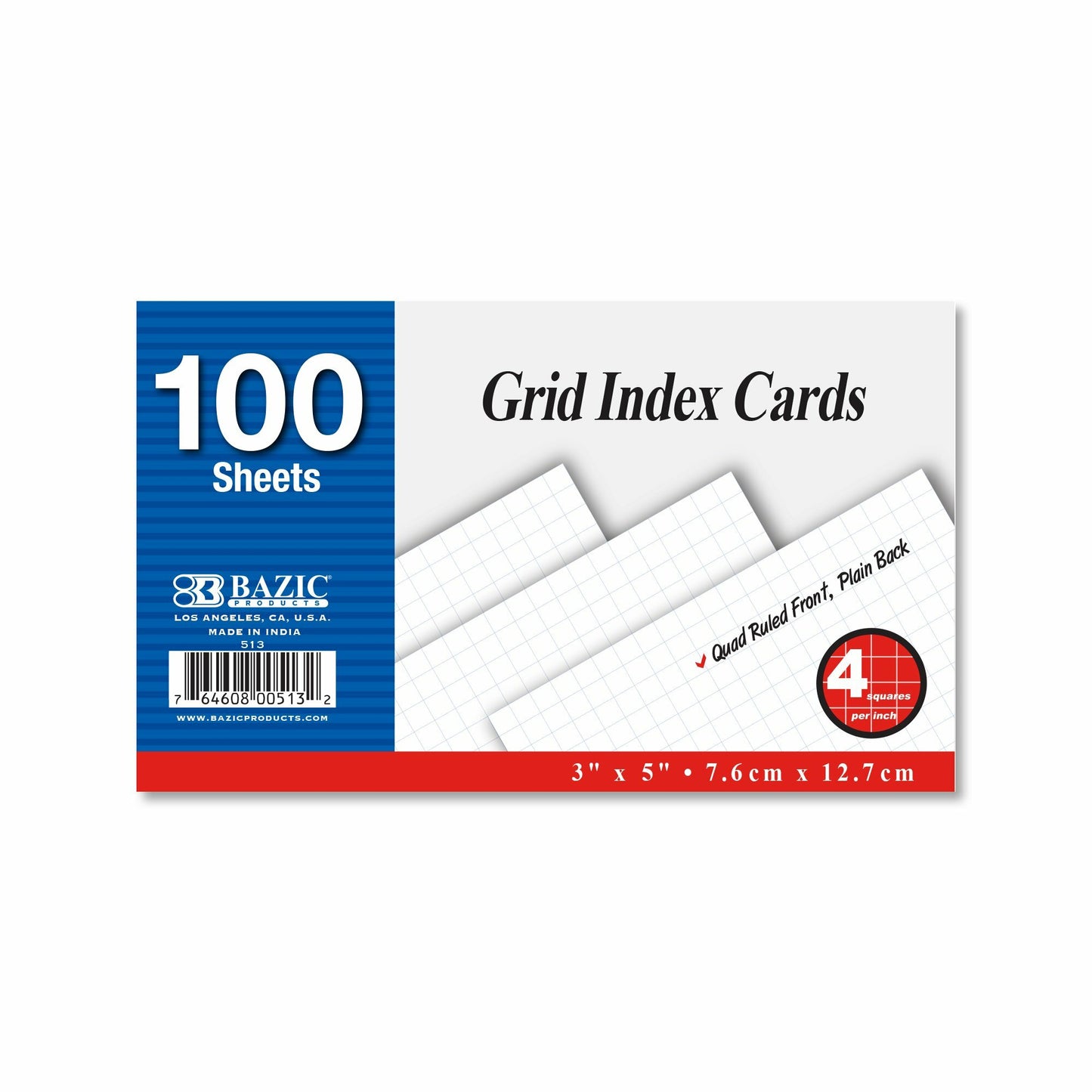 Index Card 3" X 5" White , Quad Ruled 4-1, 100 Ct.
