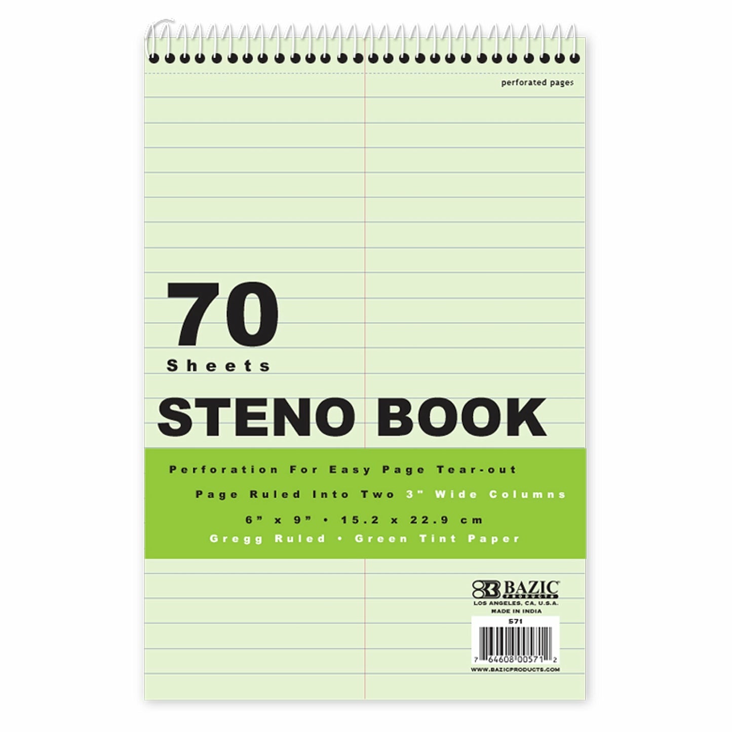 Steno Book 6" X 9" [70 sheets], Green Tint Gregg Ruled