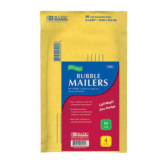Bubble Mailers (#0) 6" X 9.25", Self-Seal [Pk-4]
