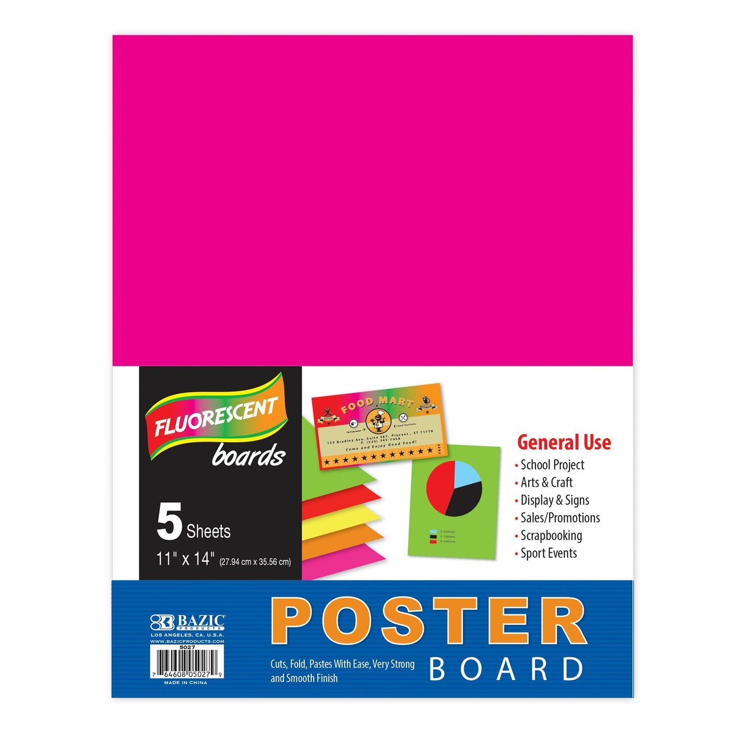 Poster Board Multi Color Fluorescent, 11" X 14", Pk-5