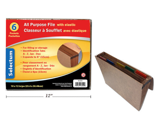 6 Pocket All Purpose File Envelope 12"x 10" with Elastic