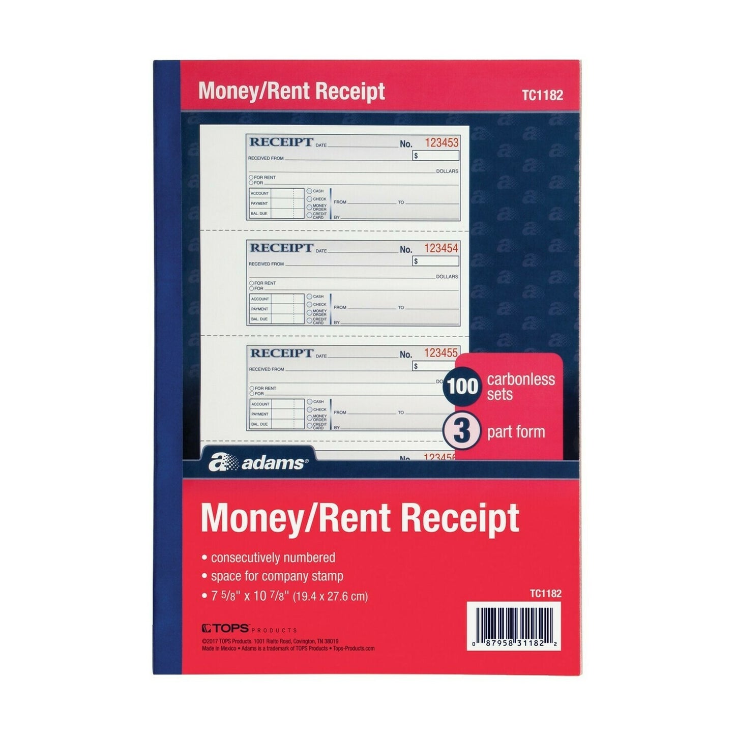 Money / Rent Receipt Book, 3-Part, Carbonless,100 Sets Per Book, 4 Receipts Per Page