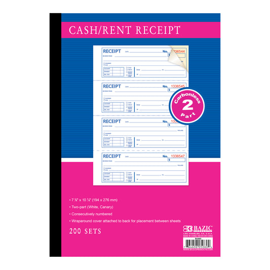Cash/Rent Receipt book / 2-Part Carbonless, 200 Sets, 7 1/2" x 10"