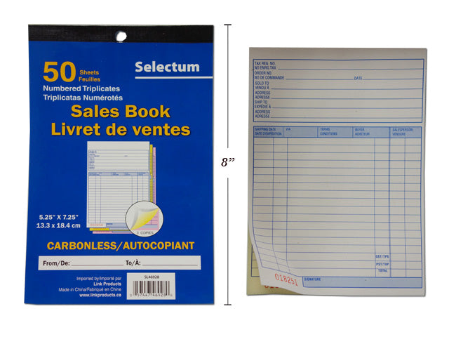 Sales Order Book, 3-Part, Carbonless, 5.25x8", 50 ST/BK