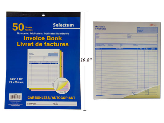 Invoice Book, 3-Part, Carbonless, 8x10.5", 50 ST/BK