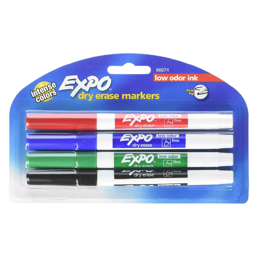 Low Odor Dry Erase Pen Style Markers, 4 Colored Markers