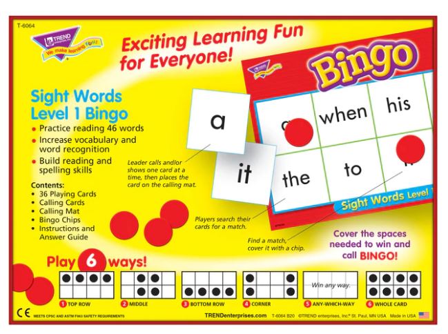 Sight Words Level 1 Bingo Game