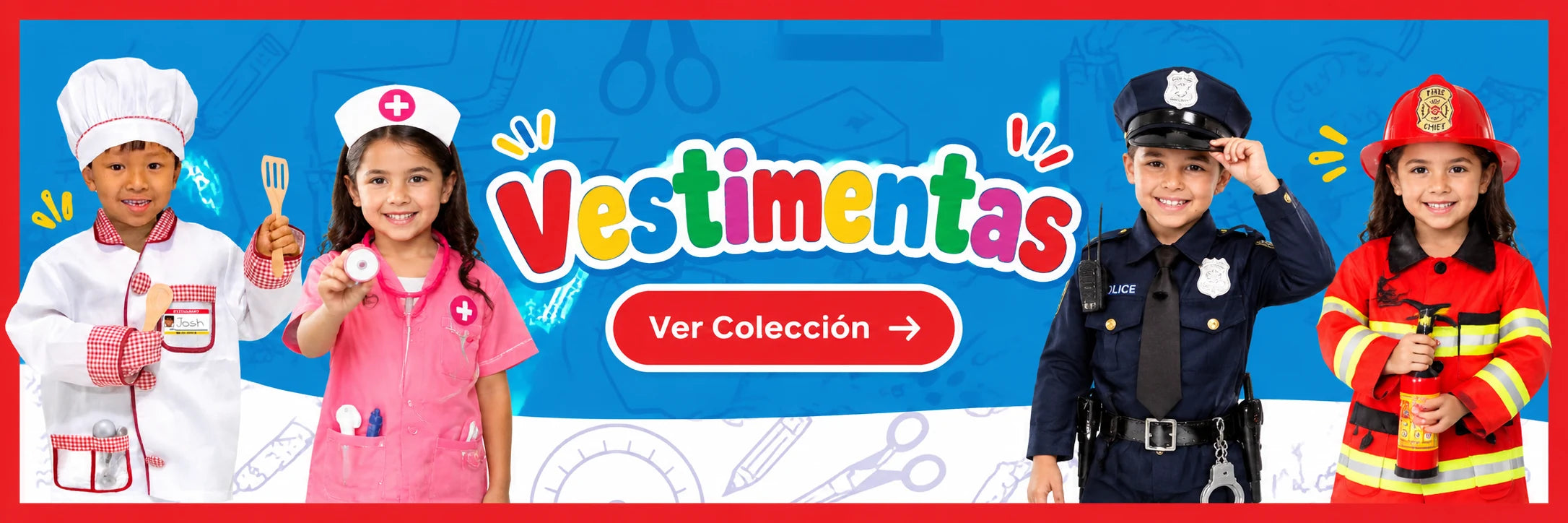 Vestimentas para niños: chef, doctora, policía y bombera. Ver colección